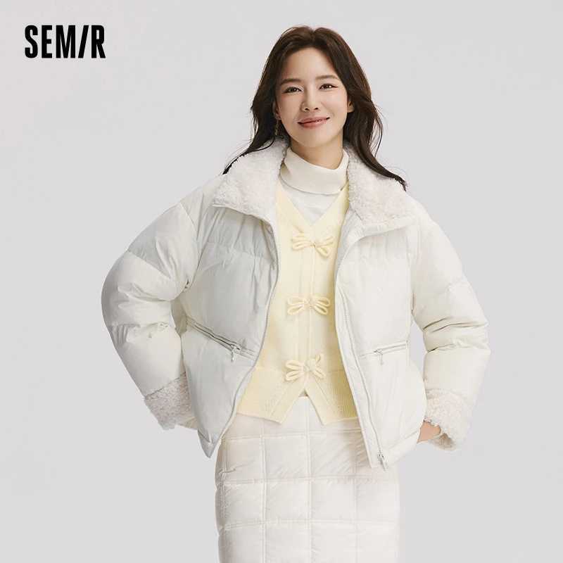Semir Down Jacket Women Loose Solid Color 2024 New Winter Patchwork Imitation Lamb Wool StandUp Collar Textured Down Jacket W251016