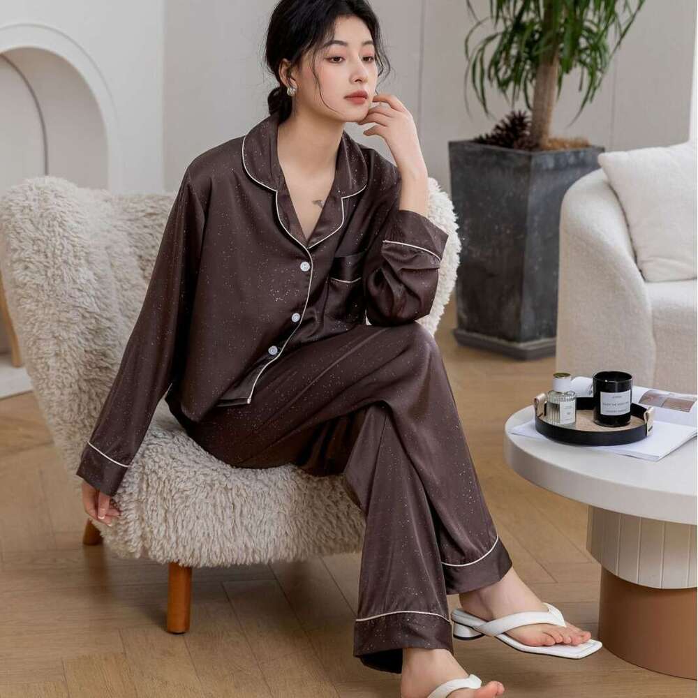 Spring and Autumn Women's Simple Chocolate Pajama Set Comfortable Breathable Ice Silk Loungewear Suitable for Outerwear