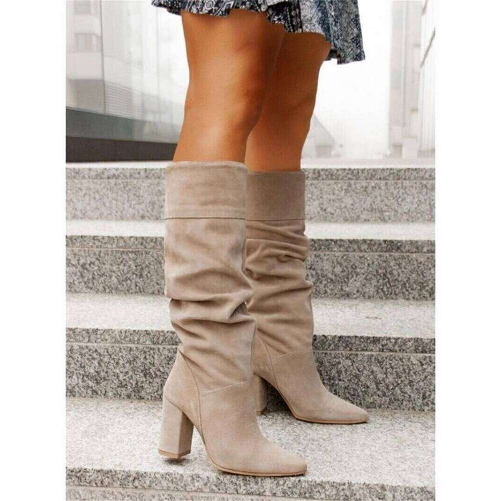 2023 Winter Designer Suede Casual High Heels Shoes For Women Retro Elegant Lady Mid Calf Boots Plus Size