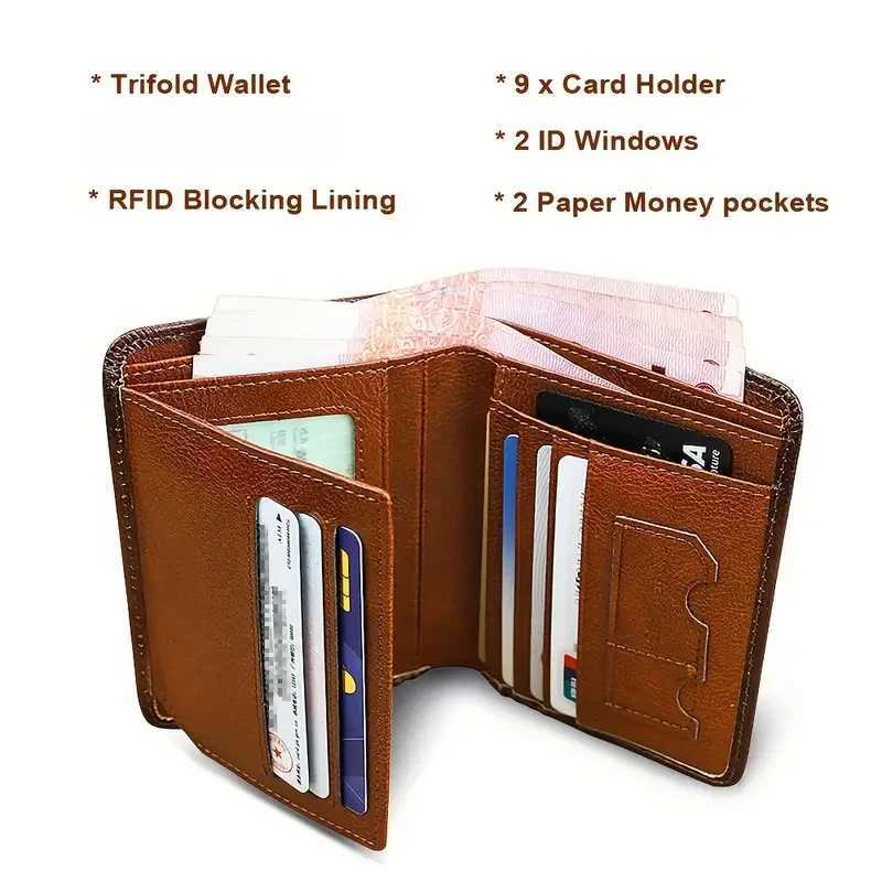YATBEST Mens Genuine Leather Wallet Large Capacity RFID Anti theft Brush Three Fold Fashion Card Bag with Photo PositionW251017