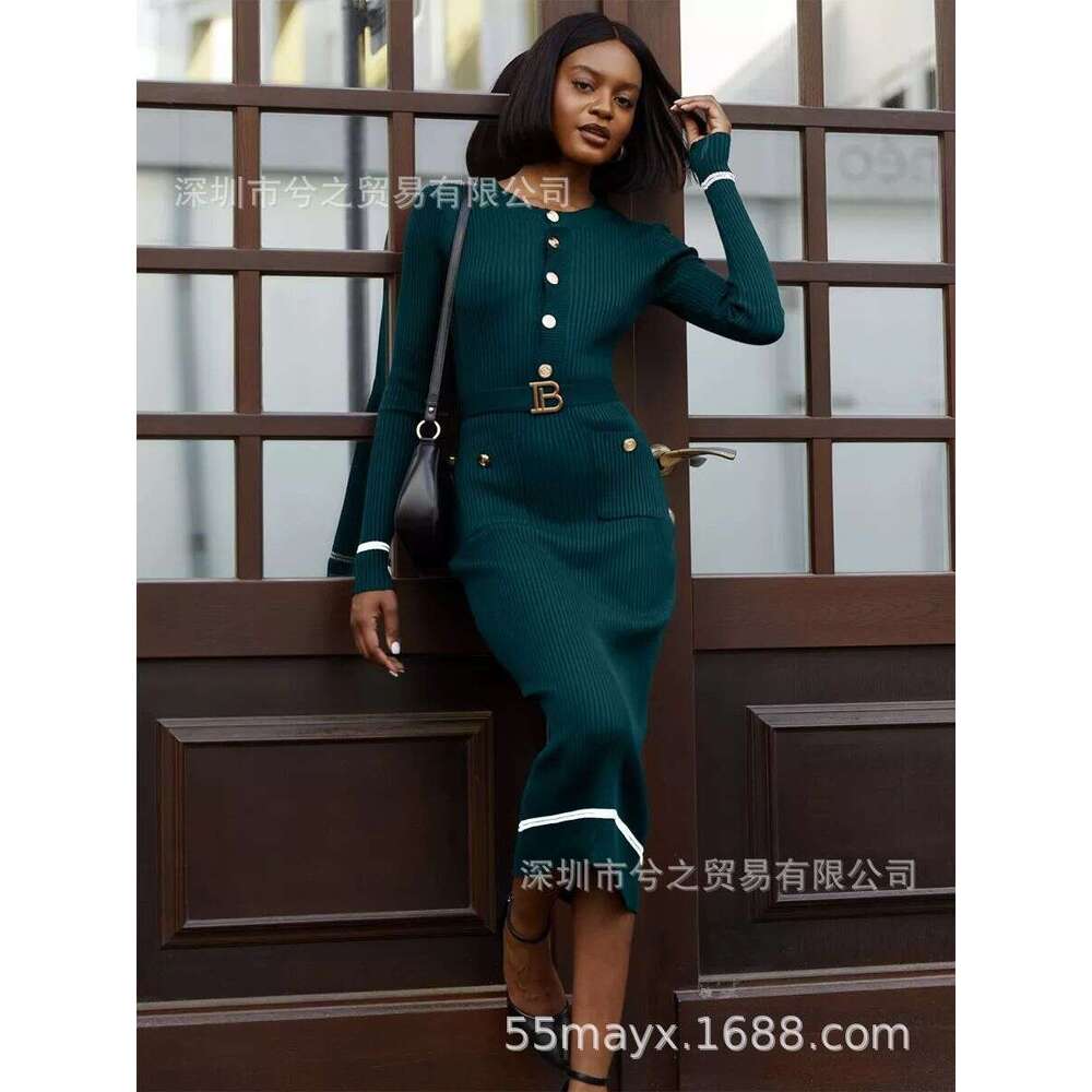 Round Neck Dress With Waist Tie Long Skirt B5