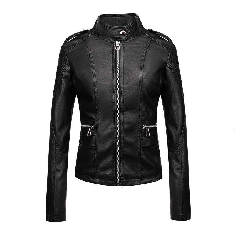 Womens Leather Jacket Spring Autumn Short Motorcycle Suit PU Leather Jackets Stand Collar Long Sleeve Zipper Slim Coats TrendT251017