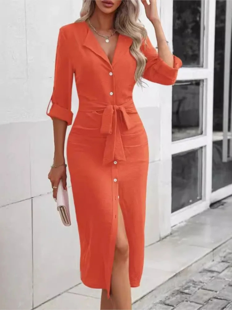 Fashion Slim Midi Dress Women Casual Solid Turndown Collar Laceup Long Sleeve Pencil Shirt Dresses Elegant 251017
