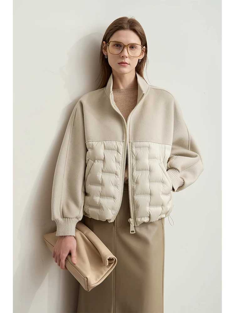 AMII Down Coats 100 Wool Stand Collar Loose Spliced Jackets for Woman 2024 Winter Warm New Casual Versatile Jacket 12454007 W251016