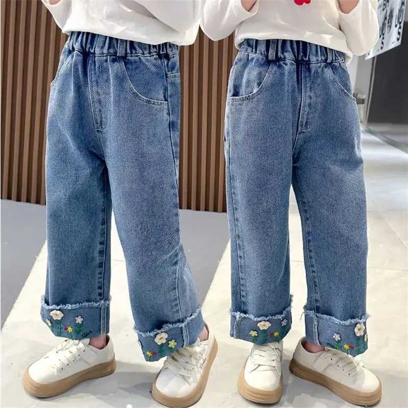 2025 Baby Girls Flowers Embroidery Jeans Denim Pants Spring Autumn Kids Long Pant Trousers Children Birthday Princess ClothesT251017