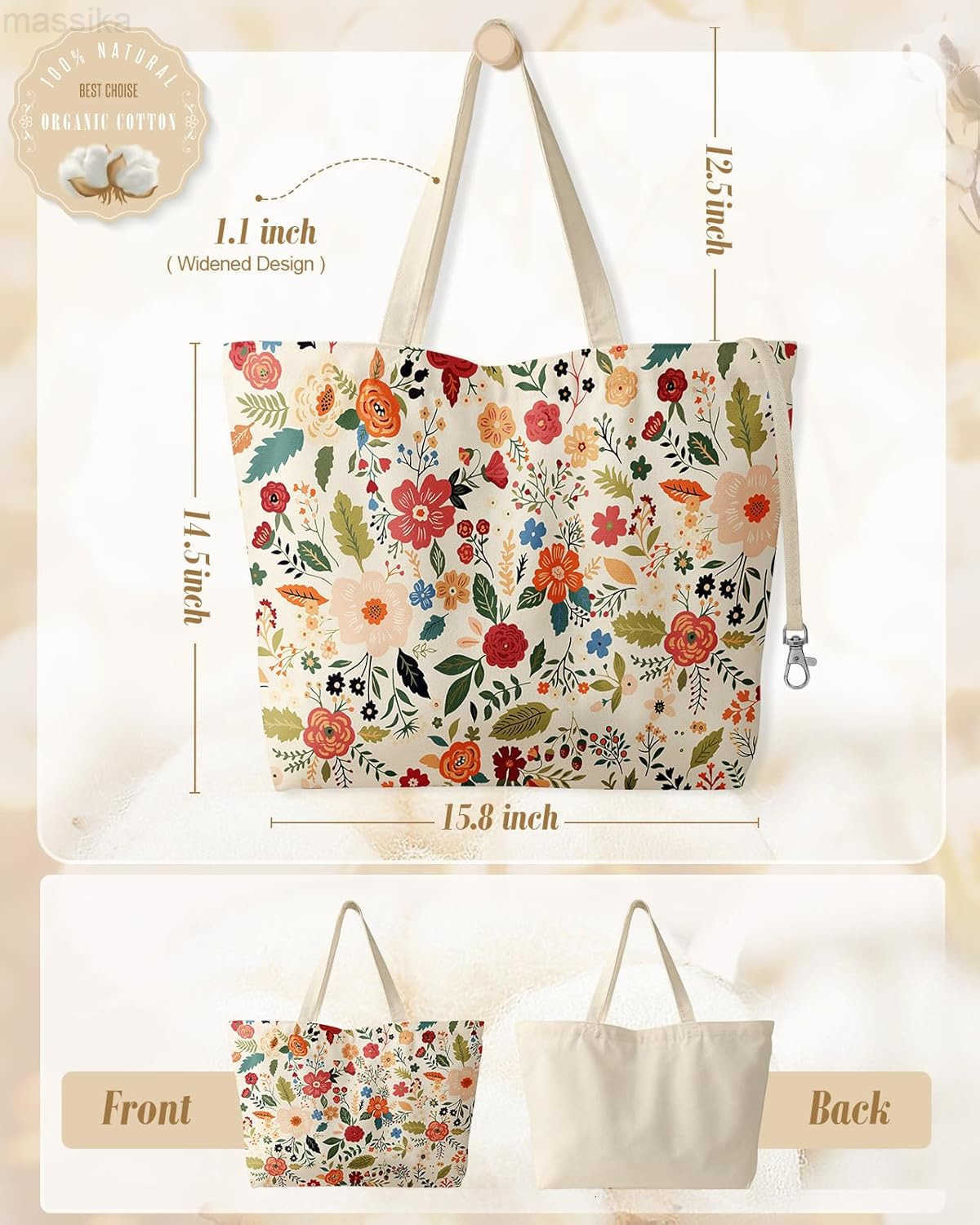 Large Tote Bag for Women Aesthetic Cute Big Canvas Bags with Zipper Cotton Shoulder Bag for Gym Travel Work M251017