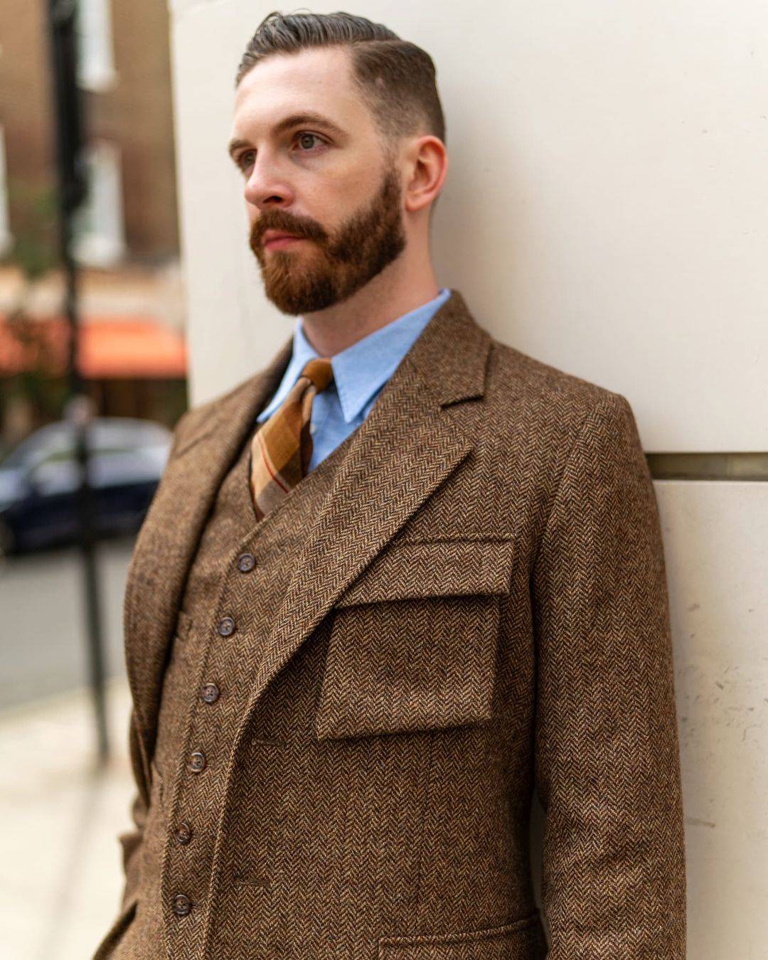 Brown Herringbone Men Tuxedos 2 Pieces Notched Lapel Tweed Mens Party Pants Sets Plus Size Formal Wear Custom Made Coat