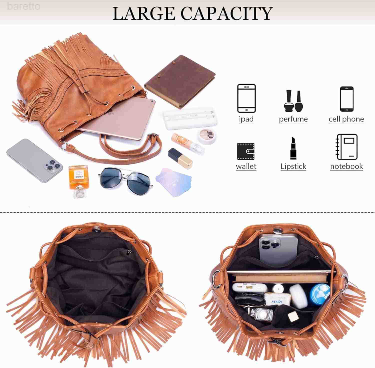 Fashion Women Bucket Fringe Hobo Bag Western Purse Vegan Leather Tassel Hippie Shoulder Crossbody Bag Z251017
