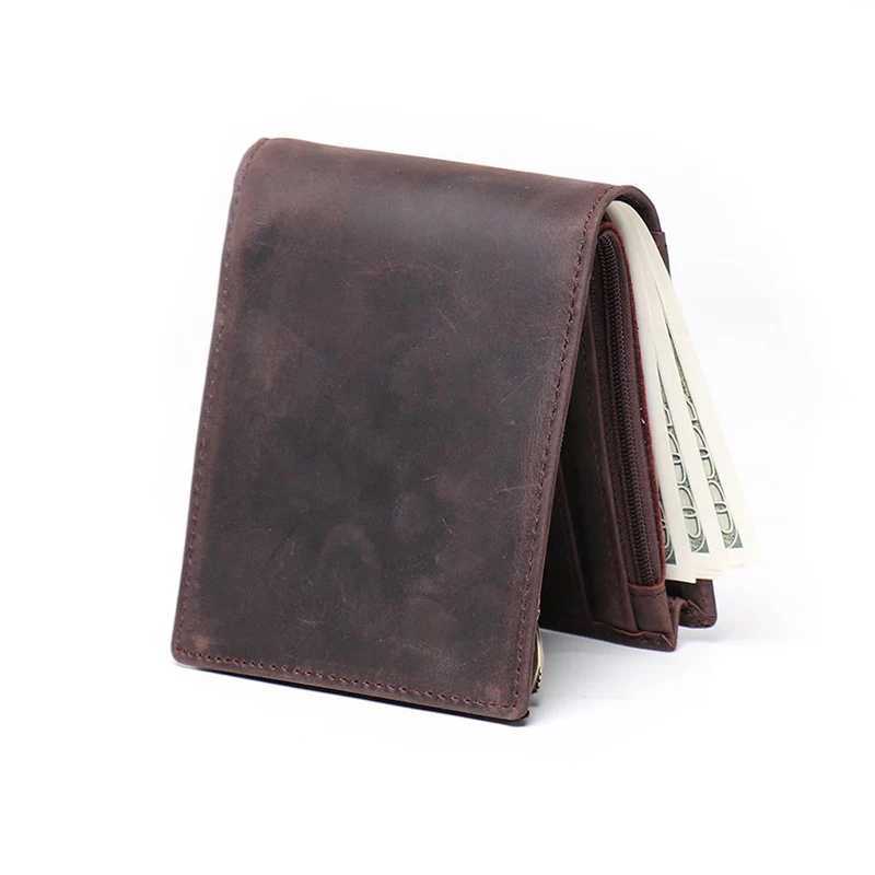 Mens Crazy Horse Leather Zipper Foldable Wallet Bank Holder Mens Coin Purse Leather Simple WalletW251017