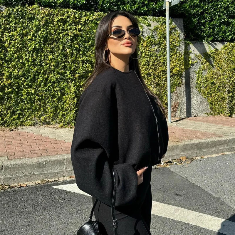 MUJER Black Bomber Jackets for Women Zipper Varsity Jackets Women Soft Cropped Jackets Woman 2025 Long Sleeve Winter Coat Female 251017