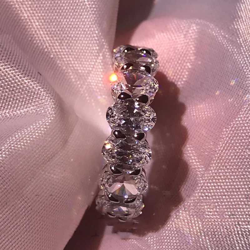 IOGOU 925 Sterling Silver Full Eternity Rings for Women Oval Engagement Band Ring Simulated Diamond Wedding Bridal Stacking RingW251017