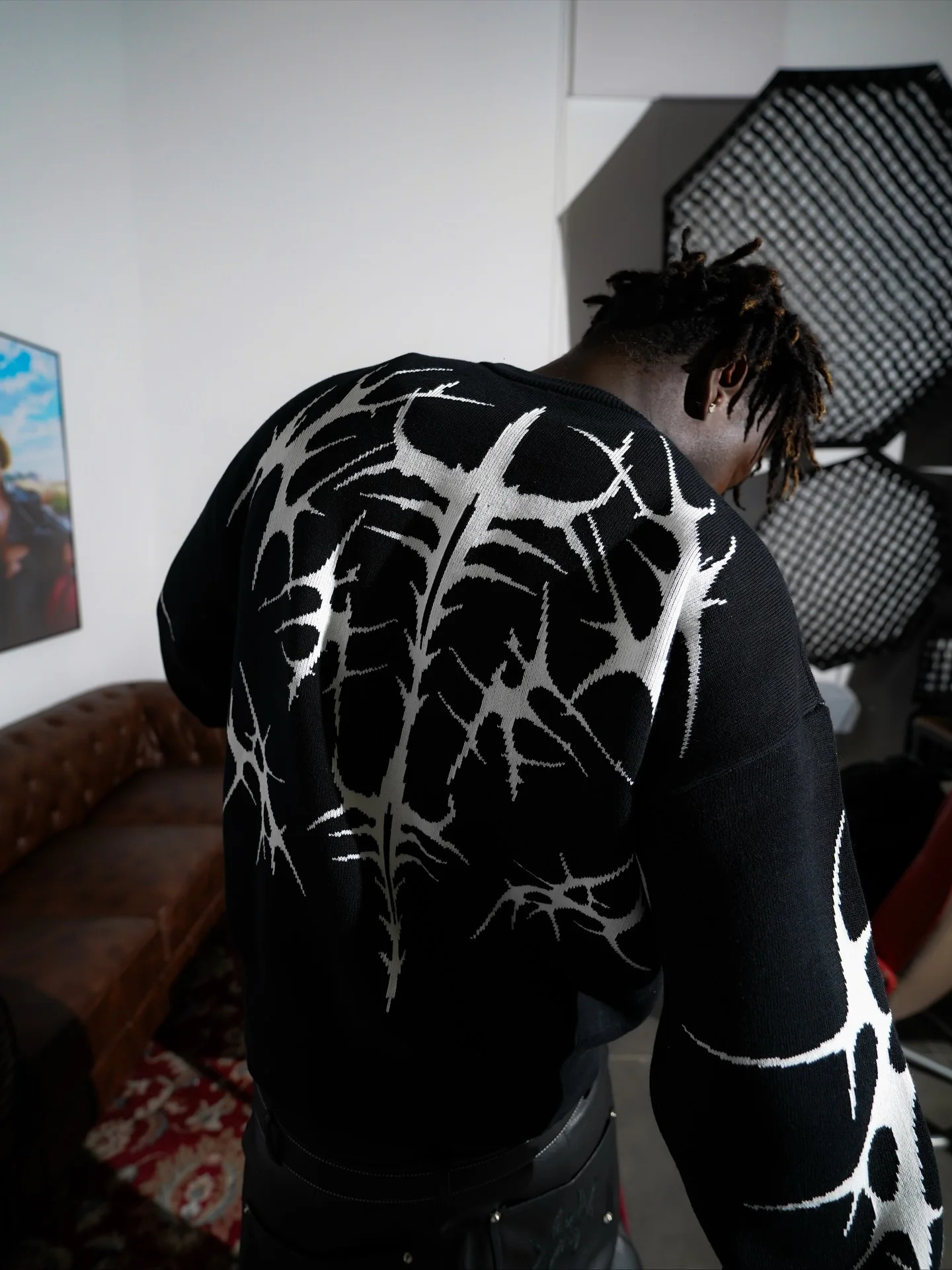 Gothic Hip Hop Pattern Embroidery Knitted Sweater Y2k Retro Loose European American Round Neck Sweater Pullover Men Clothes 251017