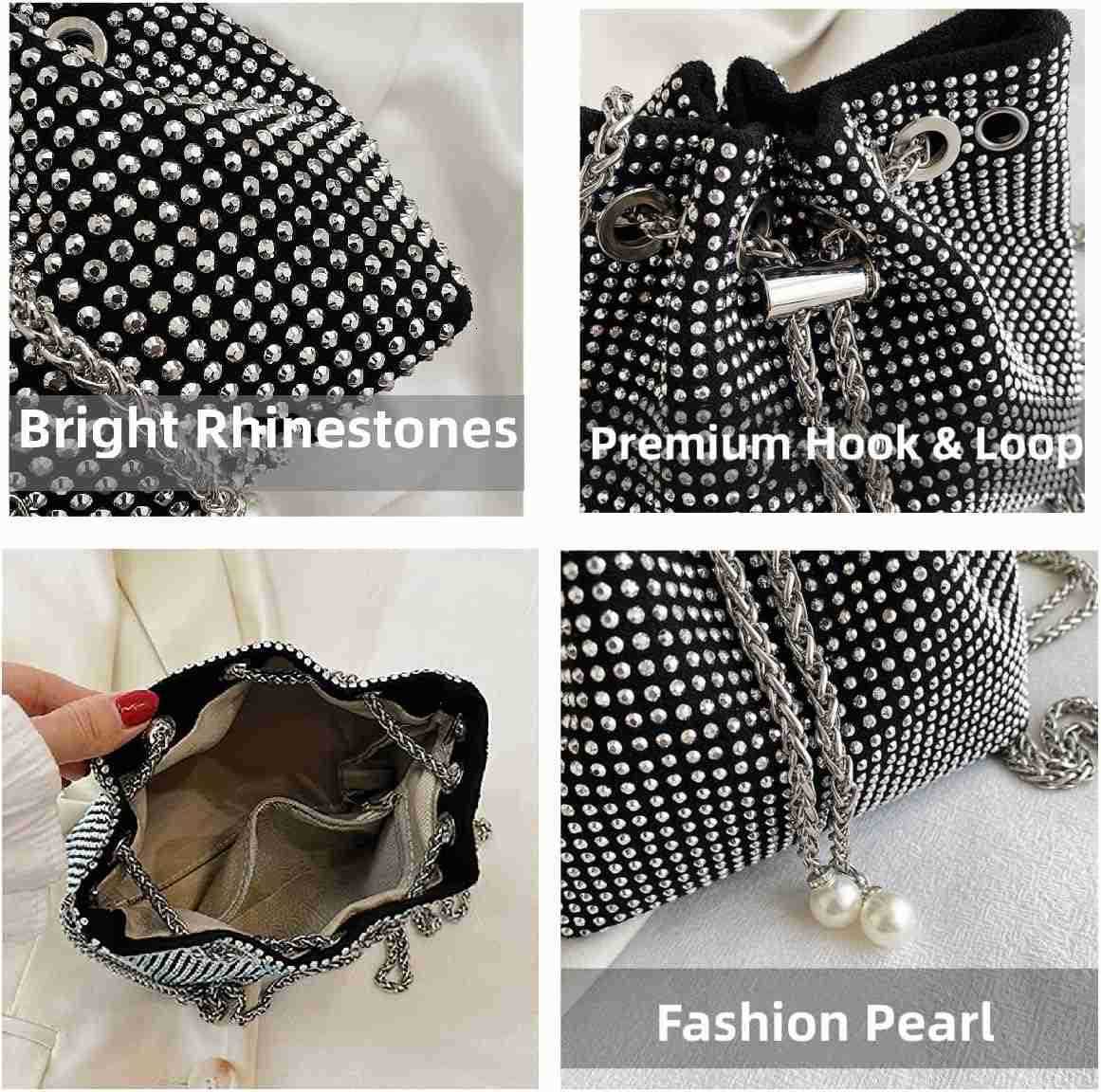 Womens Sparkly Rhinestone Purse Glitter Handbag Evening Drawstring Bucket Crossbody Bag for Wedding Party Prom Z251017