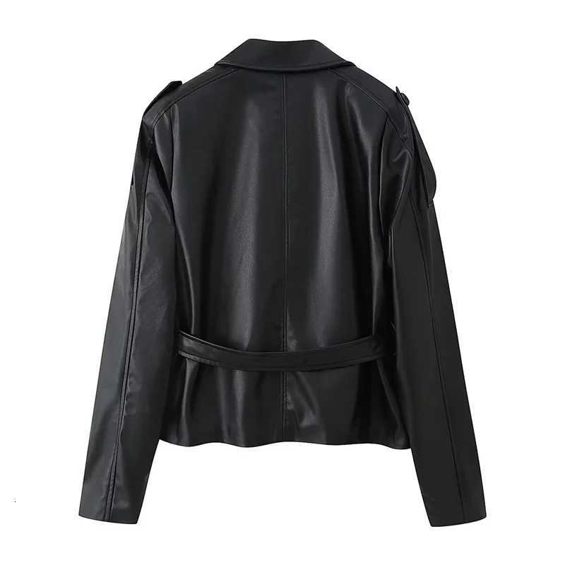 Womens Coat 2025 Autumn New Style Black Long Sleeve Faux Leather Tie Decoration Short Windbreaker Motorcycle Style CasualT251017
