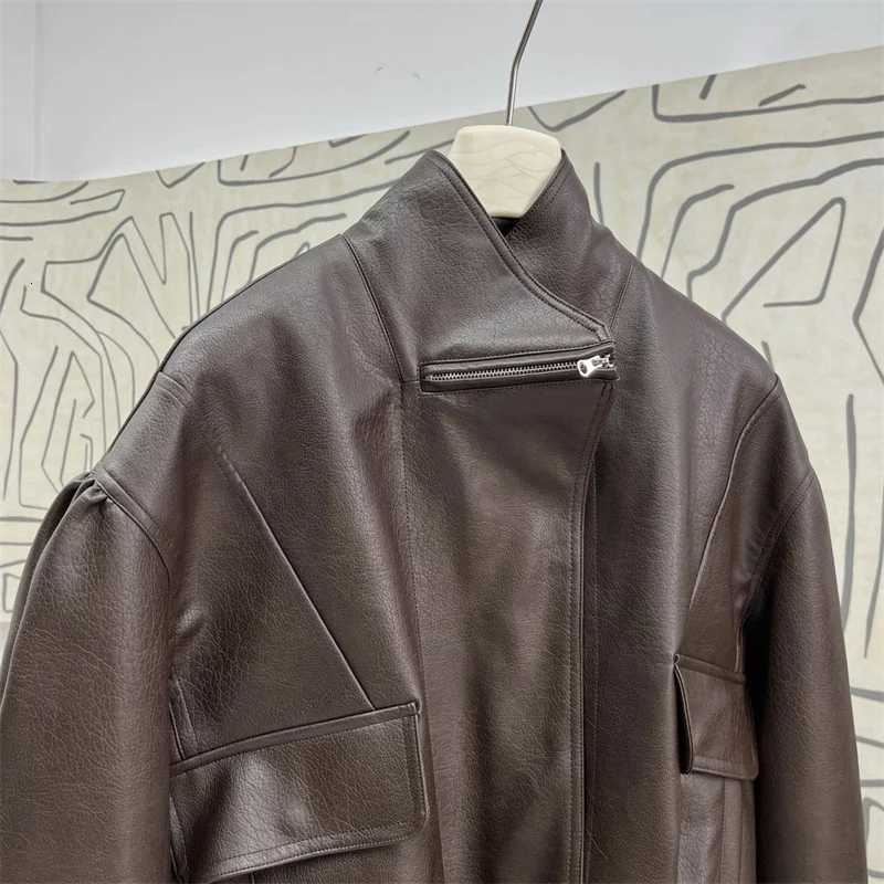 Sheepskin coat for women New asymmetrical zipper slim womens jacket for autumn 2025 Artificial leather womens coat outerwearsT251017