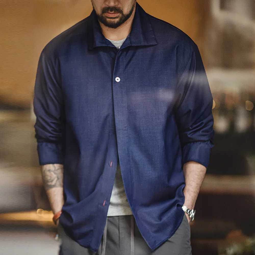 Maden Men Solid Color Denim Blue Shirt Loose Turndown Collar Longsleeved Shirt Mens Spring Coat Loose Comfortable Clothes J251017