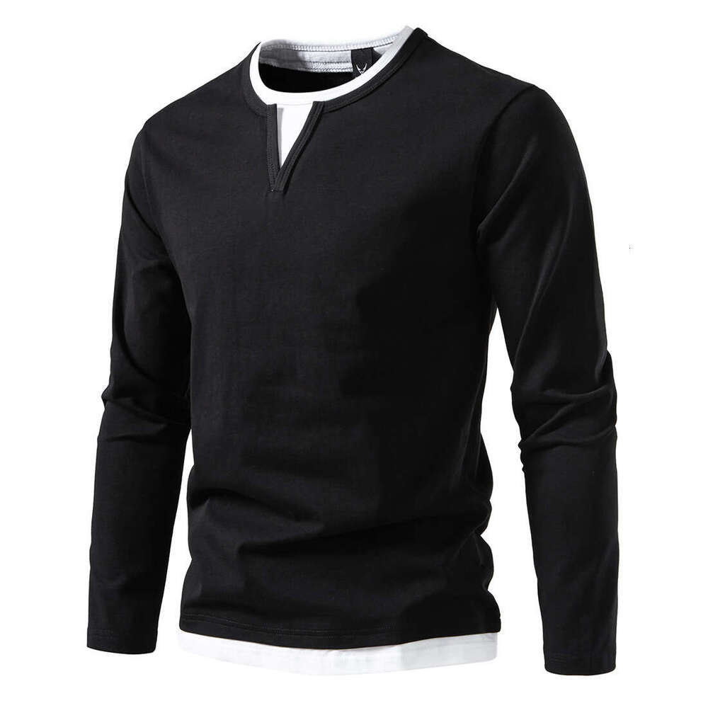 Fake Two-Piece Double Layer V-Neck Autumn Winter Fashion Patchwork Plus Size Base Shirt Men's Long Sleeve T-Shirt B5