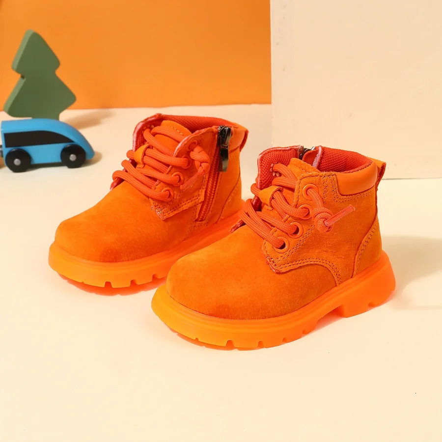 Autumn Baby Boots Leather Boys Ankle Boots Orange Soft Sole Nonslip Fashion Toddler Girls Boots 251015