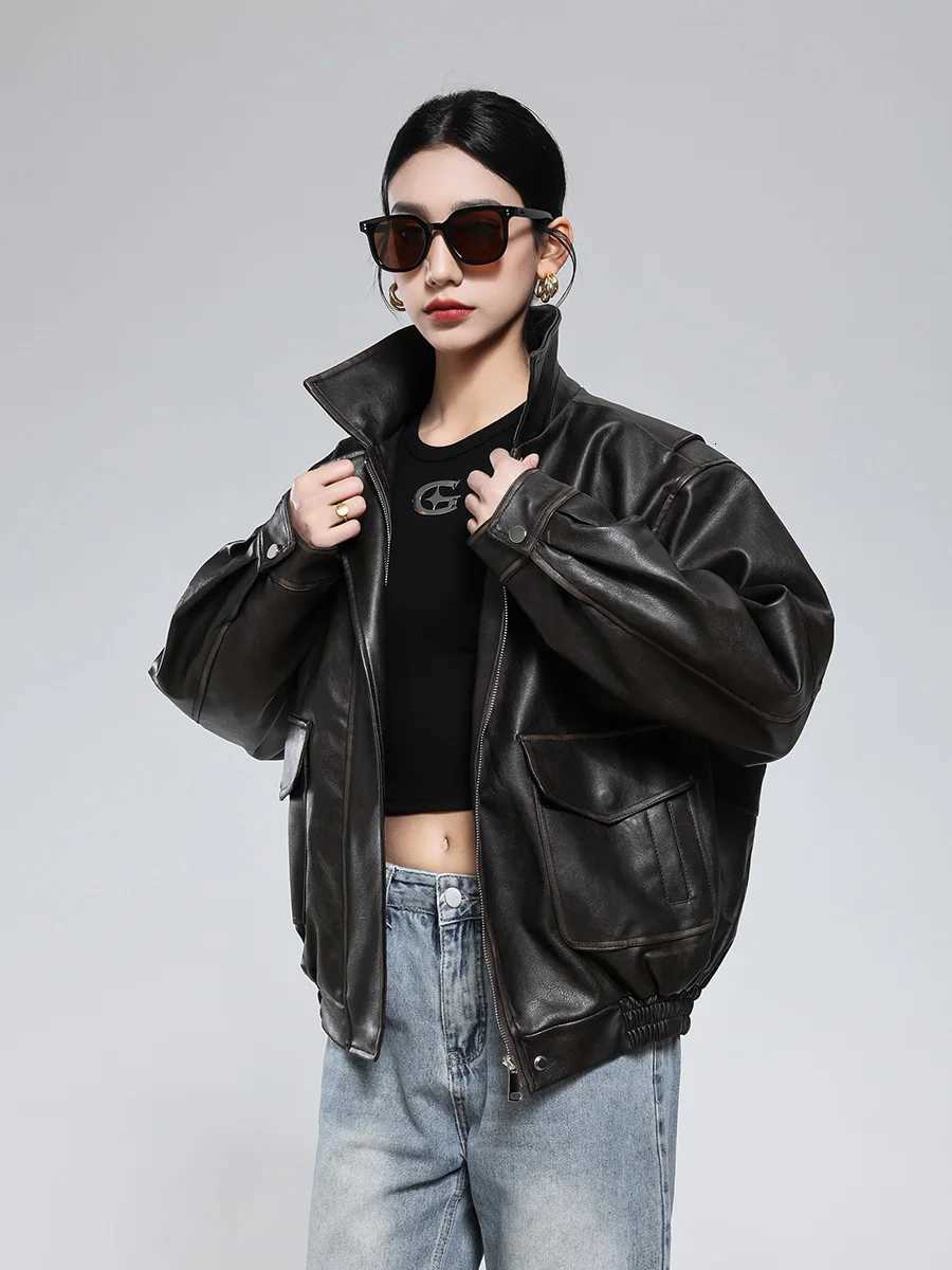 Lautaro Spring Autumn Cool Short Vintage Distressed Brown Pu Leather Jacket Women Turndown Collar Black American Retro ClothingT251017
