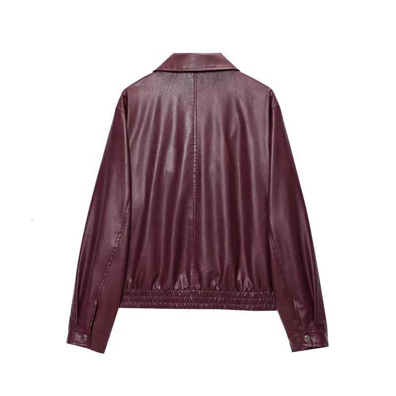 Womens Jacket 2025 New American Retro Simple Lapel Burgundy Faux Leather Jacket Street Fashion Womens JacketT251017