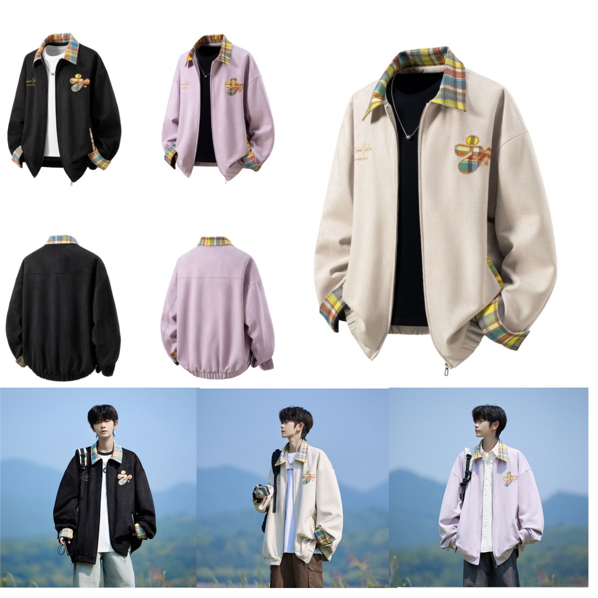 Men's Jackets Suede Embroidered Jacket Autumn Fashionable Trendy Luxurious Design Brand Contrasting Colour Plaid Lapel Coat