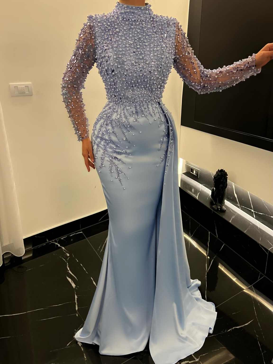 Gorgeous Pearls Evening Dresses High Neck Long Sleeve Mermaid Prom Gowns Sequins Beadeds Special Occasion Custom Made