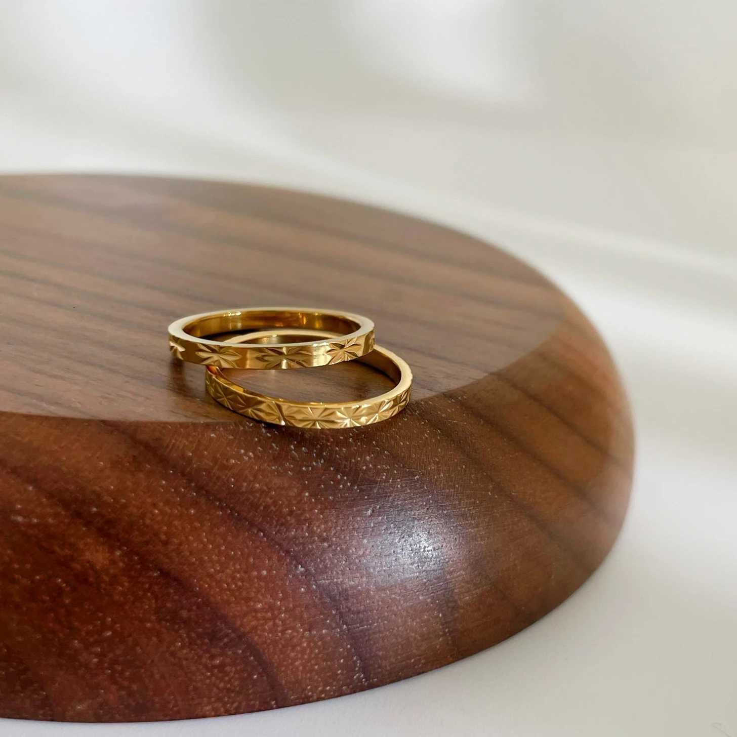 GHIDBK Tarnish Free Stainless Steel 18K Gold Pvd Plated Starburst Texture Rings for Women Trendy Wedding Daily Jewelry StackableW251017