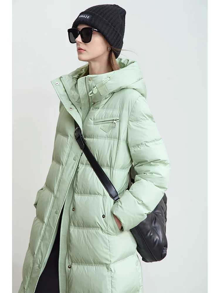 Amii 2024 winter new warm hooded graphene lining long down jacket women leather brand decorative fashion commuter coat 12444029 W251016