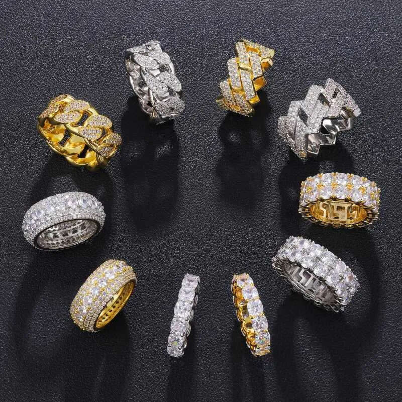 Fine Iced Out Hip Hop Cuban k Ring Gold Plated Sterg Sier Vvs Moissanite Dia Finger Band for Men