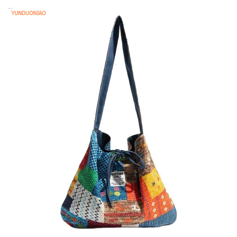 Autumn and winter new retro style patch patchwork designer canvas bag denim women's shoulder bag fashion trend commuting bag