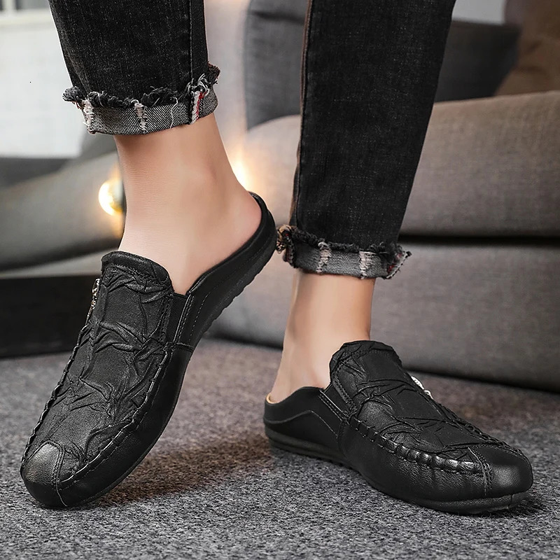 Fashion Sheepskin Mens Half Slippers Breathable Mens Casual Shoes Outdoor Men Loafers Lazy Shoes Flats Comfortable Male Sneakers 251013