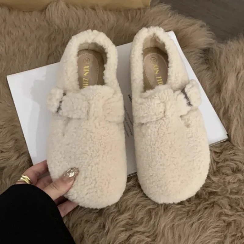 Style Fashion Womens Round Toe Wool Ballet Flats Ladies Fur Mary Jane Shoes Woman Winter Warm Plush Loafers 251013