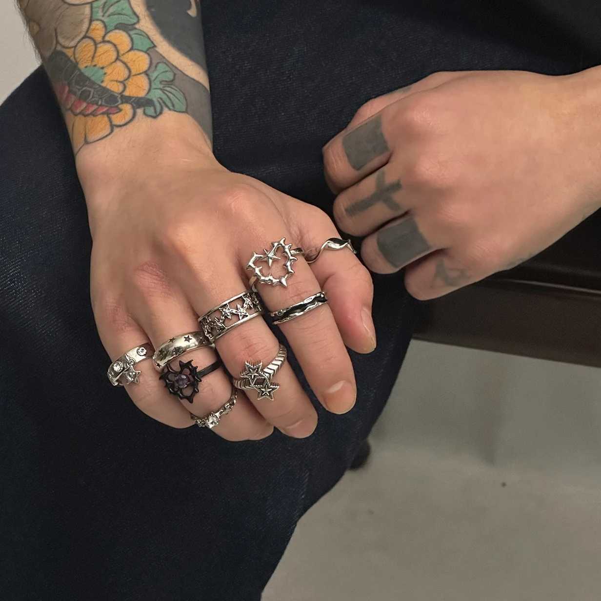 Ingemark 9PcsSet Goth Ancient Silver Color Open Rings for Men 2025 Trend Vintage Metal Star Hollow Bat Shape Rings Male Jewelry Z251017