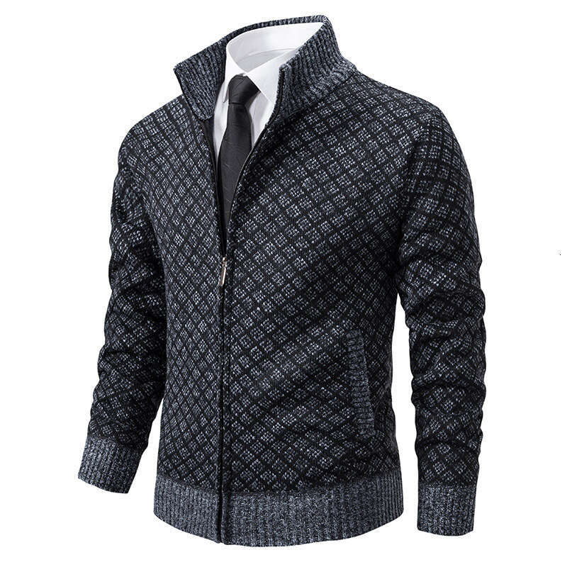 Autumn Winter Fashion Plaid Jacket Coat Men's Trendy Stand Collar Slim Fit Long Sleeve Casual Knitwear B5