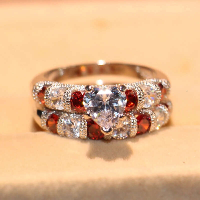Drop Shipping High Quality Vintage Fashion Jewelry Sterling Sier Pear Cut Topaz&Ruby CZ Gemstones Women Wedding Bridal Heart Ring Set