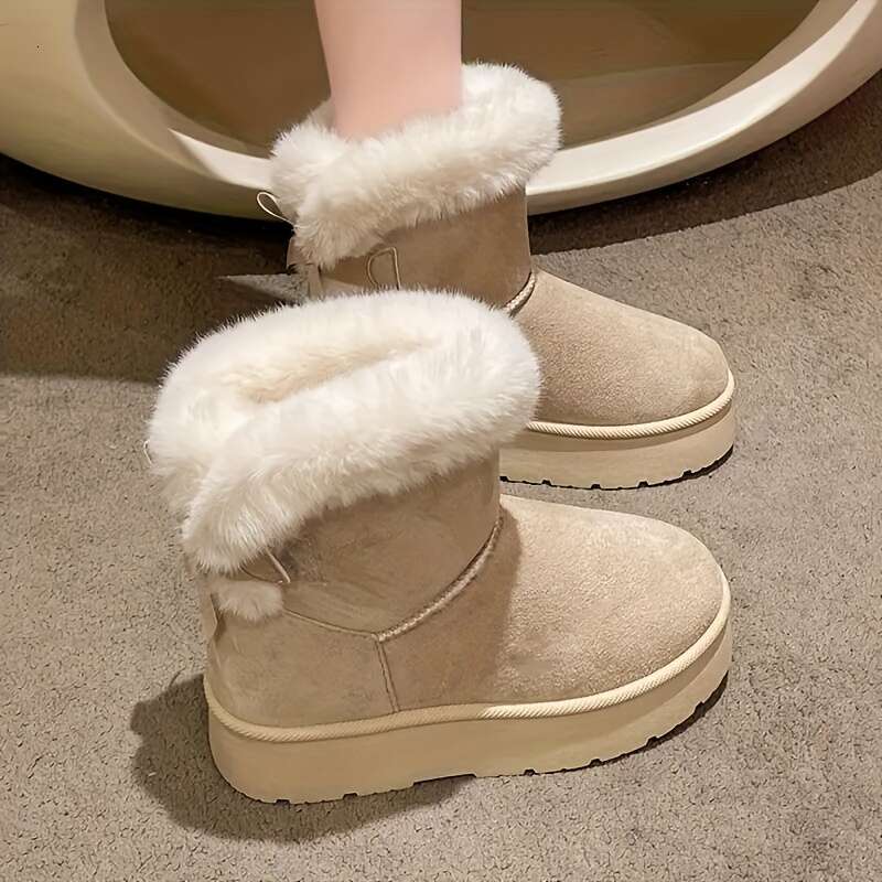 Women's Warm Winter Short -Like Faux Trim Round Toe & Low Block Heel, Round-Toe Snow With Rubber Sole No Edges Brown - Cozy Casual/Dress Boots Fo