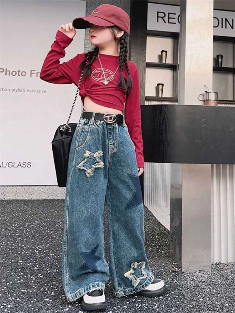 Girls Five Star Pattern Jeans Spring Fashion Teenage School Casual Straight Wide Leg Jeans for Kids 415 Years Children TrousersT251017