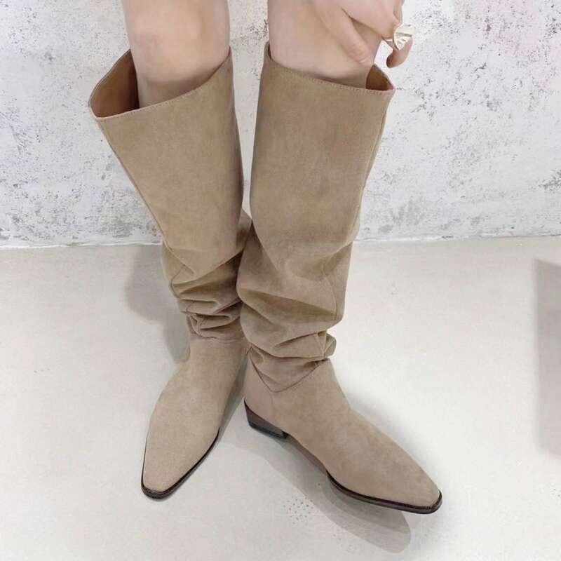 Cameido Women's French Style High - Tube Long Pointed Toe Chunky Heel Suede Pleated Stack Western Boots