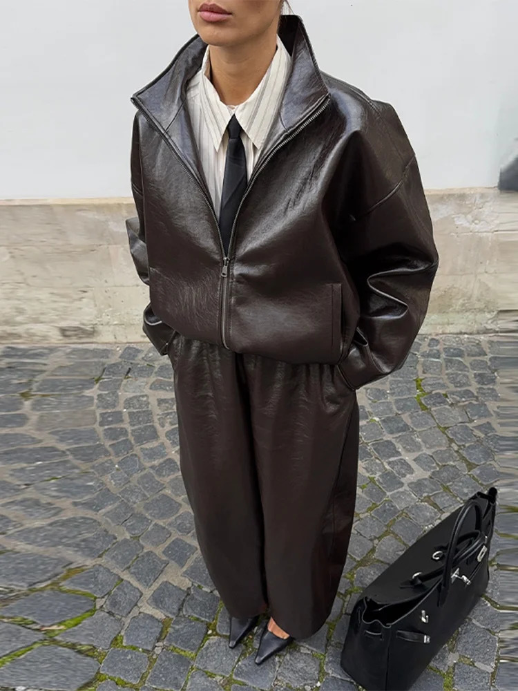 Vintage Biker Leather Jacket Skirts Suit Womens Zipper Long Sleeve Coats High Waist Skirt 2025 Autumn Lady Two Piece Outfit 251013