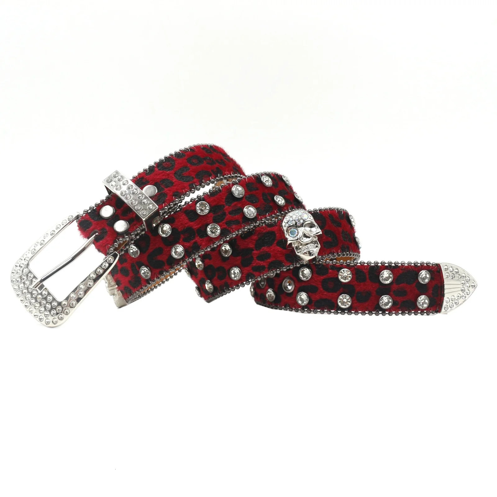 Crystal inlaid skull belt hiphop rock Y2K style mens and womens adjustable leopard print rivet jeans versatile belt 251010