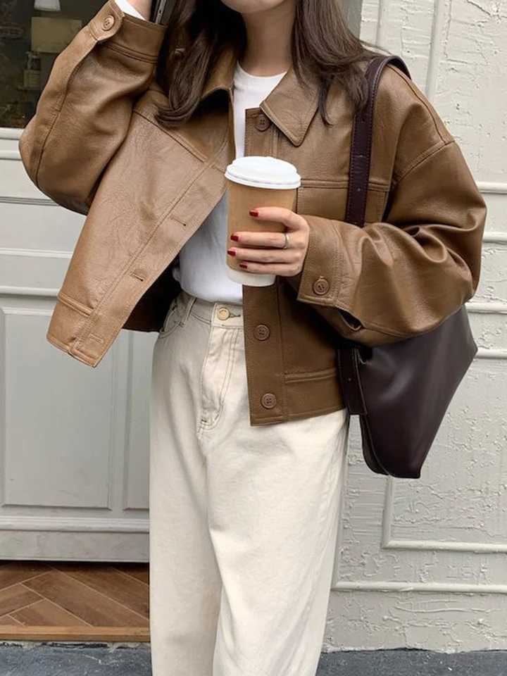 Zoki Streetwear Biker Pu Jacket Women Vintage Long Sleeve Faux Fur Moto Coat Korean Fashion Harajuku Casual Loose Bf JacketsT251017