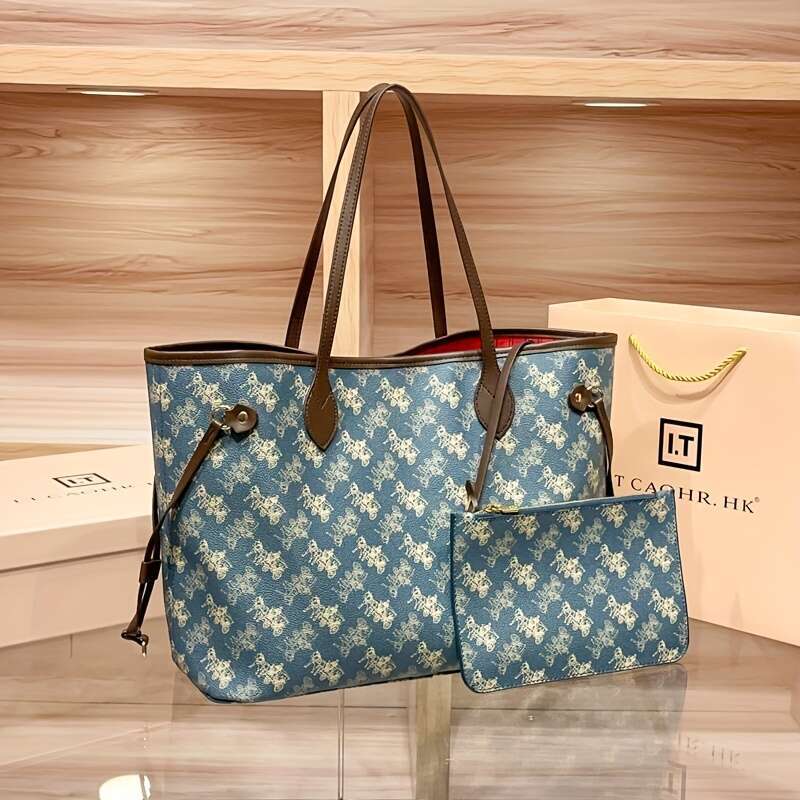 Elegant Blue Handbag, Red Interior, Large Capacity, Gold Hardware, Detachable Shoulder Strap - Suitable For Daily And Commuting, Travel Floral Print H