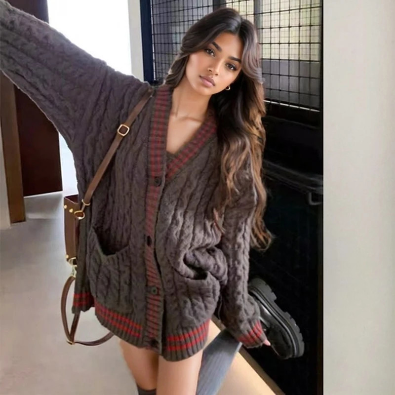 Vneck Long Sleeve Women Loose Cardigan Sweater Fashion Autumn Winter Pockets Coats Elegant Knitted Tops Preppy Style Knitwear 251013