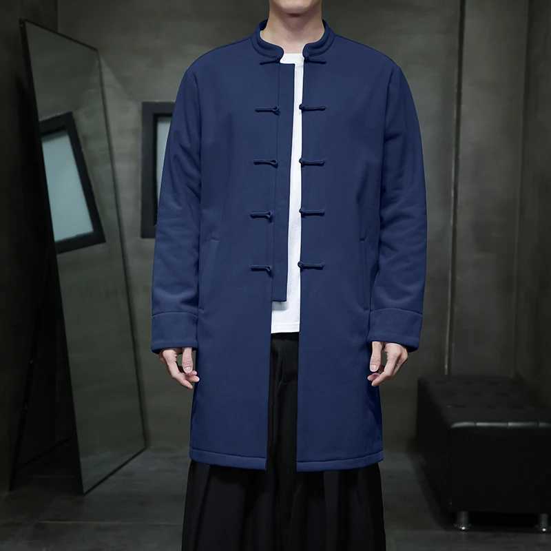 Chinesestyle Blue Long Jacket Mens Gray Singlebreasted Standup Collar Trench Coat Spring Fall Winter Top J251017