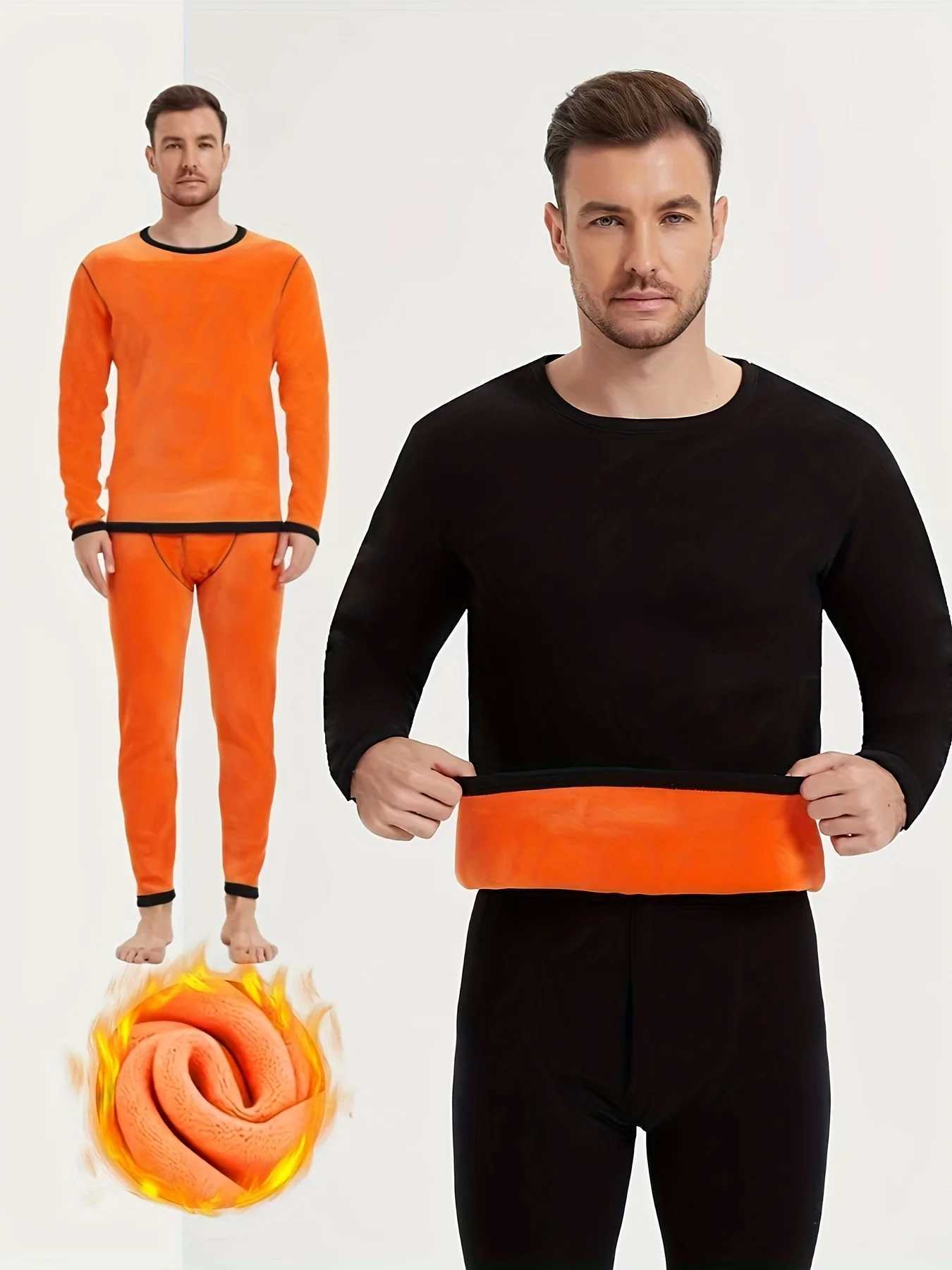 Mens Winter Fleecelined Thick Roundneck Solidcolored Thermal Set with Top and Pants for Cold Protection H251017