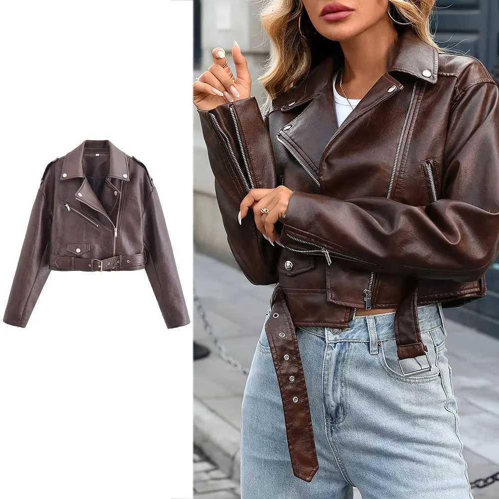 HH Women Vintage Motorcycle Faux Leather Jacket TurnDown Collar Long Sleeve Zipper Autumn Fashion Lady High Street OutwearT251017