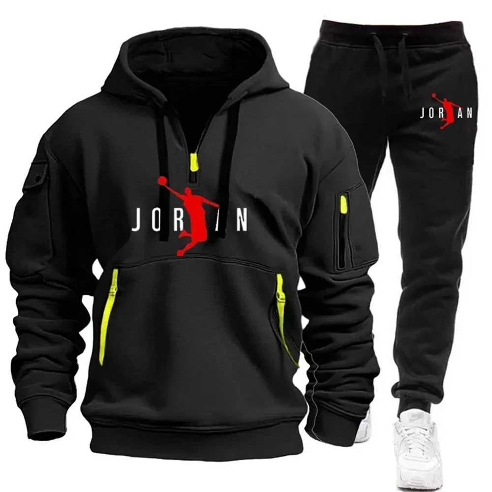 Mens Spring and Autumn Trendy highquality hoodie Set 2025 zipper multipocket hoodie loose casual set Z251017