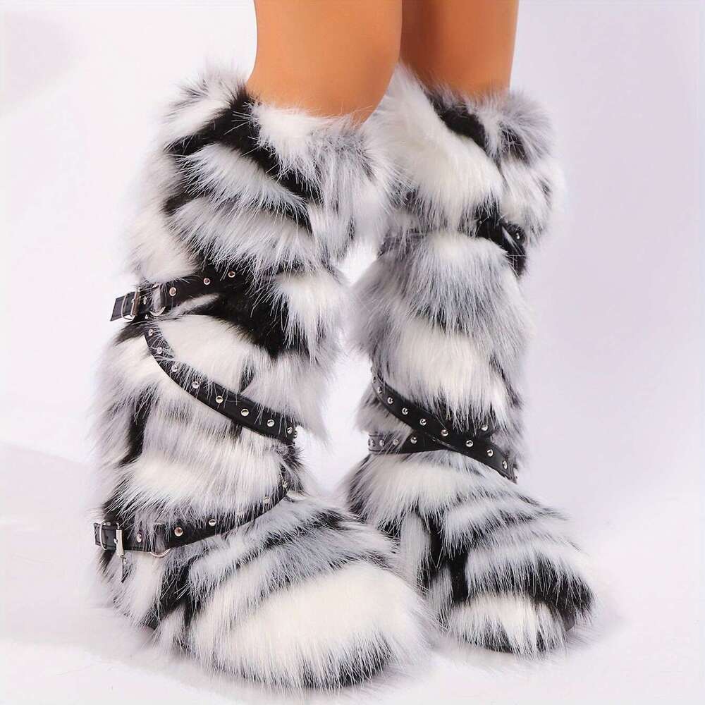 Women's Stylish Faux Fur Boots With Chain Detail - Warm Snow Slip-On Round Toe, Flat Superfine Fiber Upper & Lining, TPR Sole, Perfect For Outdoo