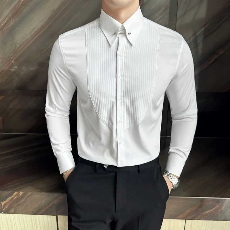 Neckline Metal Decorative Design Men Shirt Fashion Pleated Striped Long Sleeve Slim Business Social Tuxedo Shirt Mens Clothing J251017