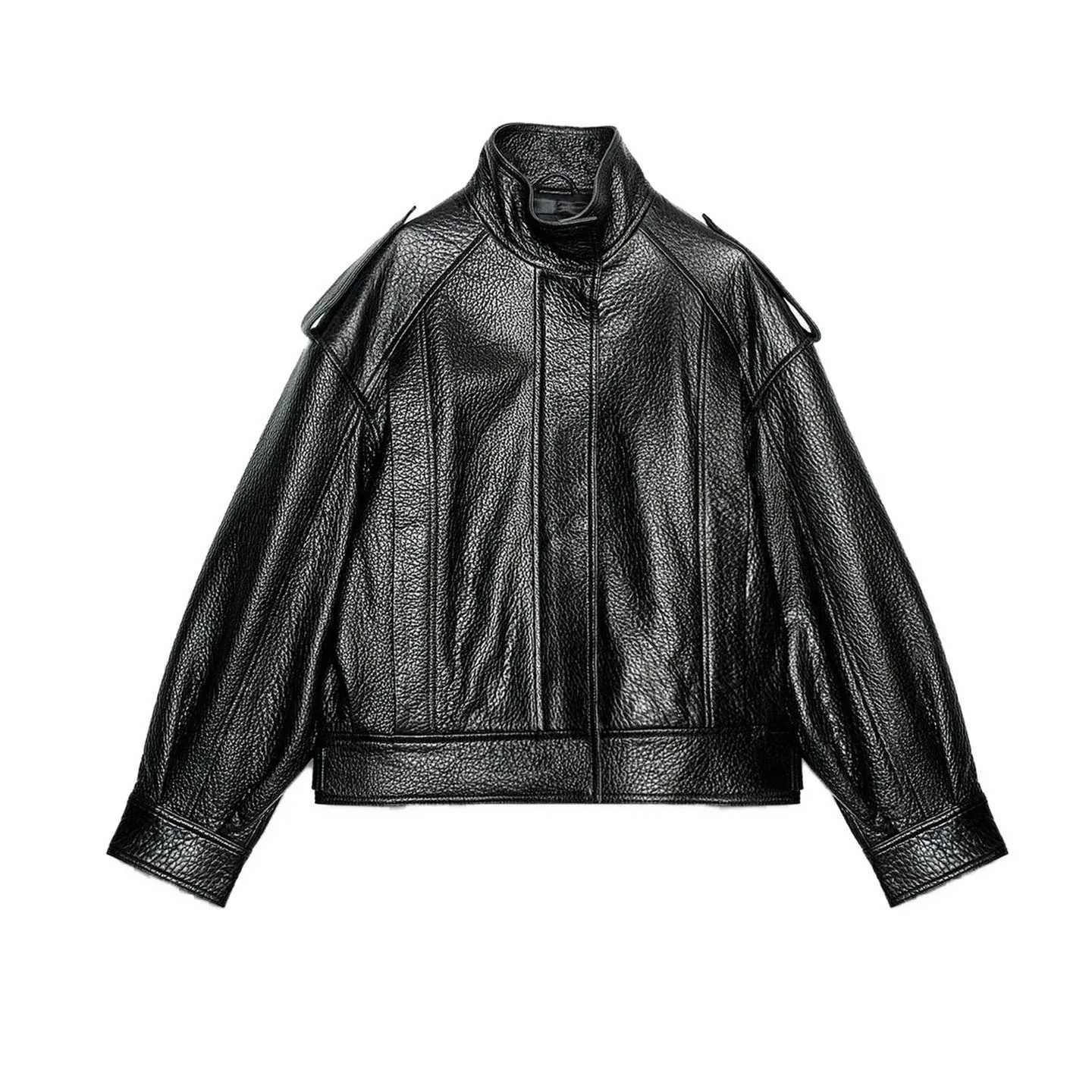 Fall New Womens High Collar Long Sve PU Leather Pilot Jaet Coat Commute Sle Loose Fit Polyester Fiber Zipper ClosureT251017